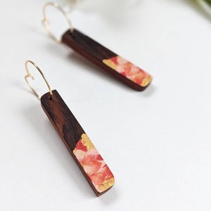 Handmade Red and Gold Earrings Wooden Hoop Earrings 5th Wedding Anniversary Gift Gifts for Her Unique Dangle Earrings image 4