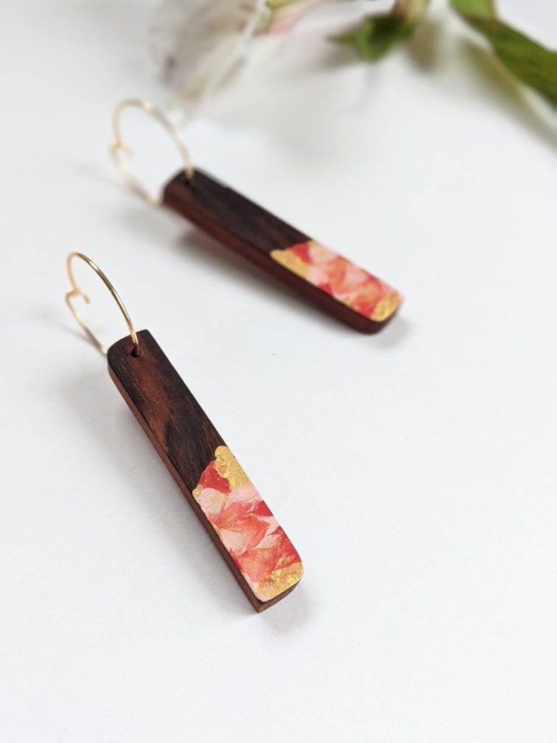 Handmade Red and Gold Earrings Wooden Hoop Earrings 5th Wedding Anniversary Gift Gifts for Her Unique Dangle Earrings image 4