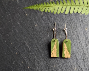 Green Fern Wooden Earrings - Plant Inspired Gift - Hand Painted Nature Jewellery - 5th Wedding Anniversary Gift