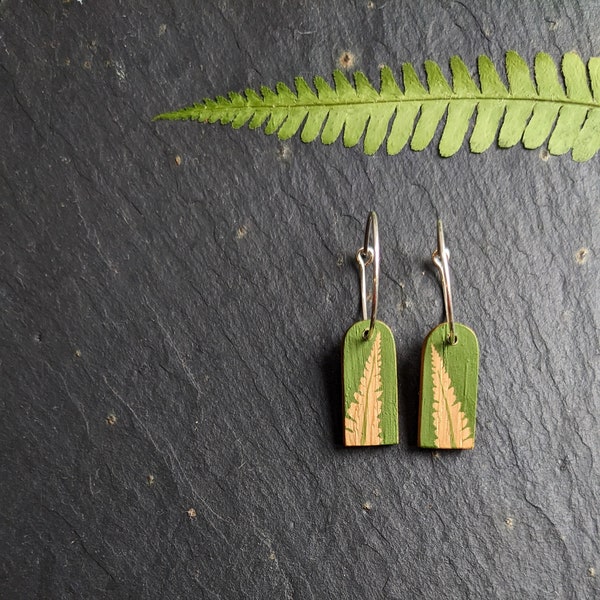Green Fern Wooden Earrings - Plant Inspired Gift - Hand Painted Nature Jewellery - 5th Wedding Anniversary Gift