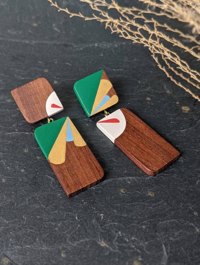 Statement Abstract Art Earrings Handmade Wooden Jewellery Unique Eco Friendly Jewellery Unusual Hand Painted Earrings image 8