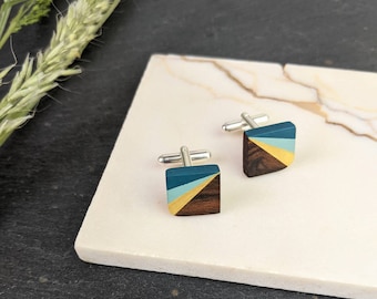 Handmade Wooden Cufflinks - Wooden Gift for Dad - Blue Cufflinks - 5th Wedding Anniversary Gift - Art Deco Style Father's Day Gift