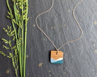 Handmade Wooden Necklace - Blue Sea Landscape Jewellery - Mountain Gift -5th Wedding Anniversary Pendant- Eco Gift for Her