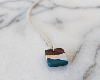 Handmade Wooden Necklace - Blue Mountain Pendant - Art Jewellery - 5th Wedding  Anniversary Necklace - Eco Gift for Her