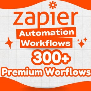 以下が含まれることがあります： オレンジと白のグラフィックで、大きな文字で「zapier」と書かれています。 下には「Automation Workflows」と「300+ Premium Workflows」と書かれています。 背景はグリッドパターンです。