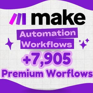 Peut inclure: Visuel promotionnel violet et blanc avec le mot "make" en noir. Il met en avant "Automation Workflows" et "+7 905 Premium Workflows" en violet. Des étoiles décoratives et une vague violette complètent le design.