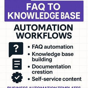 May include: Digital download graphic with the text "33 // make FAQ to Knowledge Base Automation Workflows." Includes bullet points for FAQ automation, knowledge base building, documentation creation, and self-service content. The graphic is purple and white.