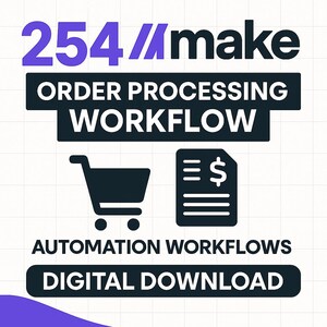 May include: Graphic with the text "254/make" in purple and black. Below, the text reads "ORDER PROCESSING WORKFLOW" and "AUTOMATION WORKFLOWS DIGITAL DOWNLOAD." Icons of a shopping cart and a document with a dollar sign are included.