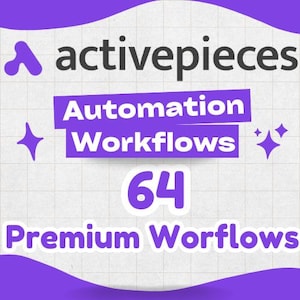 以下が含まれることがあります： 紫色のロゴと、濃いグレーの文字で「activepieces」と書かれたグラフィック。下に、紫色のバナーで「Automation Workflows」と書かれています。「64」の数字が白い円の中にあり、その下に「Premium Workflows」と書かれています。