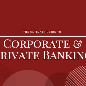 Könnte beinhalten: Roter Hintergrund mit weißem Text, der "THE ULTIMATE GUIDE TO CORPORATE & PRIVATE BANKING" lautet. Der Text ist zentriert und in einer Serifenschrift. Im Hintergrund befinden sich weiße Linien und Kreise.