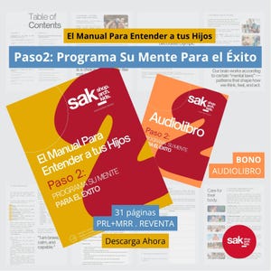以下が含まれることがあります： 赤と黄色の表紙の2冊の本が表示されています。大きな本には「El Manual Para Entender a tus Hijos」と「Paso 2: Programa Su Mente Para el Éxito」というタイトルが書かれています。小さな本には「Audiolibro」と書かれています。画像には「Descarga Ahora」というテキストも含まれています。