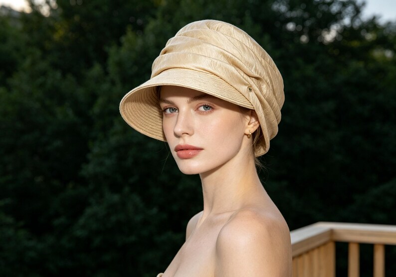 May include: A beige sun hat with a wide brim and a gathered crown. The hat has a structured design and a small gold-colored button detail. The hat is made of a woven material and is suitable for sun protection.