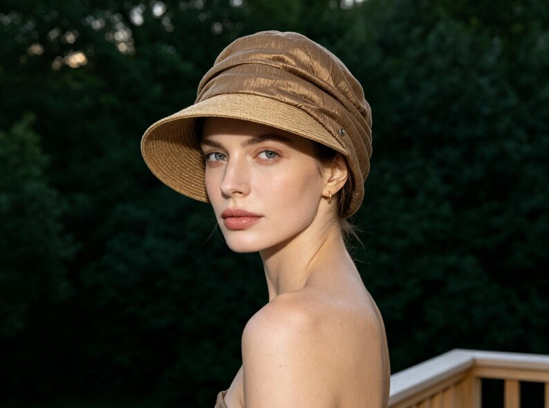 May include: A stylish brown hat with a brim, featuring a textured crown and a contrasting woven brim. The hat is designed for sun protection and adds a touch of elegance. Perfect for outdoor activities.