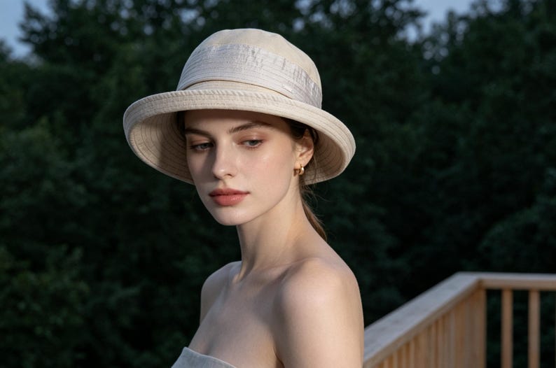 Puede incluir: Un sombrero para el sol color crema con ala ancha y detalle de cinta. El sombrero lo lleva una persona de piel clara y cabello casta&ntilde;o claro. El fondo es una vista borrosa de &aacute;rboles verdes.