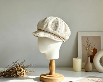 Czapka gazeciarza z mieszanki lnu, ręcznie haftowany beret, minimalistyczna czapka w neutralnym beżu, wiosenno-letni kapelusz przeciwsłoneczny