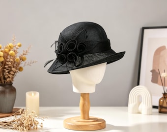 Vintage Floral Linen Sun Hat, Elegant Short Brim Cloche Hat, UV Protection Tea Party Hat, Retro Floral Hat for Women