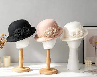 Luksusowy francuski kapelusz typu cloche z wełny, 100% wełniany, vintage'owy, kwiatowy fascynator, elegancki kapelusz z krótkim rondem i zawiniętym brzegiem