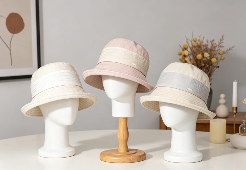 Puede incluir: Tres sombreros de pescador en crema, rosa y gris, exhibidos en cabezas de maniqu&iacute; blancas. Los sombreros tienen un ala ancha y una banda en contraste alrededor de la corona. Los sombreros est&aacute;n sobre una mesa blanca.
