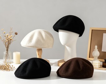 Minimalistyczna wełniana ośmiokątna czapka gazeciarza, beret z krótkim rondem i okrągłym kopułą, 4 kolory: czarny/kremowy/brązowy/szary, ciepła czapka malarza na jesień i zimę