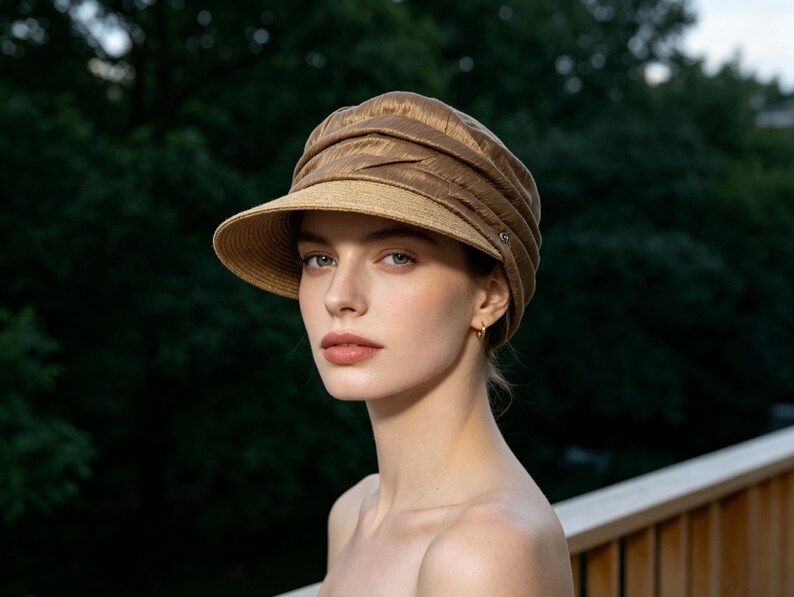 May include: A woman wearing a brown sun hat with a brim. The hat has a textured crown and a lighter-colored brim. The background is a blurred view of green trees.