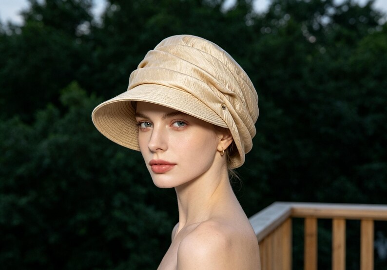 May include: A beige sun hat with a wide brim and a gathered crown. The hat has a structured design with a slight sheen. The hat is made of a woven material and is suitable for sun protection. The hat is a stylish accessory.
