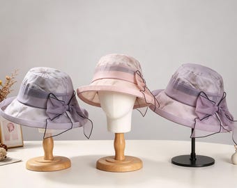 Kapelusz przeciwsłoneczny z jedwabną kokardą, elegancki kapelusz typu bucket z szerokim rondem, letni kapelusz z ochroną UV, oddychający damski kapelusz przeciwsłoneczny, 3 kolory