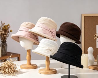 Kapelusz typu bucket hat z filtrem UV, muszka, elegancki kapelusz przeciwsłoneczny z krótkim rondem, składany damski kapelusz typu bucket na wiosnę i lato, 3 kolory: camelowy/biały/czarny