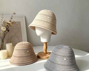 Sombrero de pescador tejido a crochet, ligero y transpirable, para el sol en verano, para mujer.