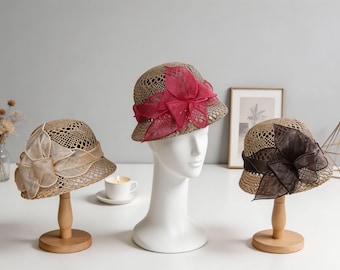 Kapelusz słomkowy z kwiatowym wzorem w stylu vintage, elegancki kapelusz przeciwsłoneczny z szerokim rondem dla kobiet, oddychający, szydełkowy kapelusz letni, retro kapelusz typu cloche z ochroną UV