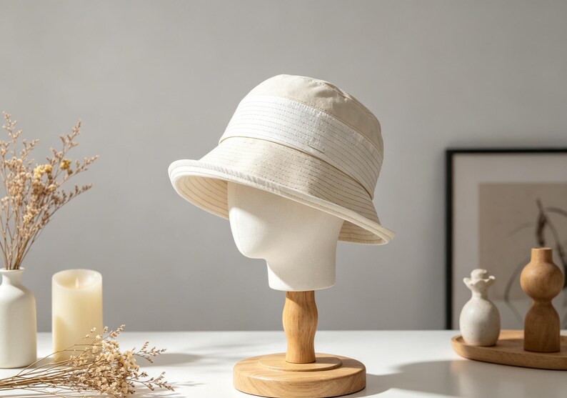 Puede incluir: Un sombrero de pescador beige con un detalle de banda blanca se exhibe en una cabeza de maniqu&iacute;. El sombrero est&aacute; hecho de una tela texturizada y tiene un ala ancha. El maniqu&iacute; est&aacute; sobre un soporte de madera.