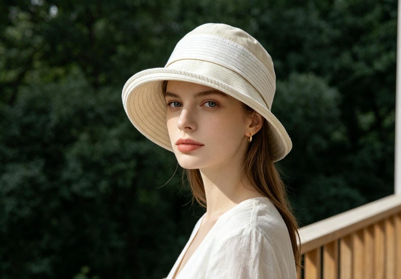 Puede incluir: Un sombrero para el sol de color crema con ala ancha y corona estructurada. El sombrero presenta una banda a rayas alrededor de la corona. La imagen muestra a una mujer que lleva el sombrero, con un fondo verde borroso.