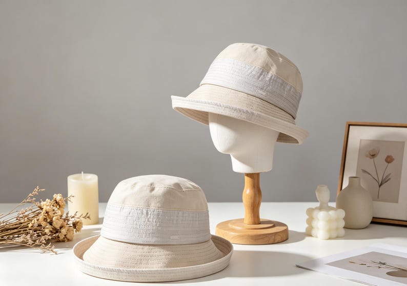 Puede incluir: Dos sombreros de cubo beige con un detalle de banda de color claro. Un sombrero se exhibe en una cabeza de maniqu&iacute; con un soporte de madera. El otro sombrero se coloca sobre una superficie blanca. Los sombreros son parte de una colecci&oacute;n de accesorios de moda.