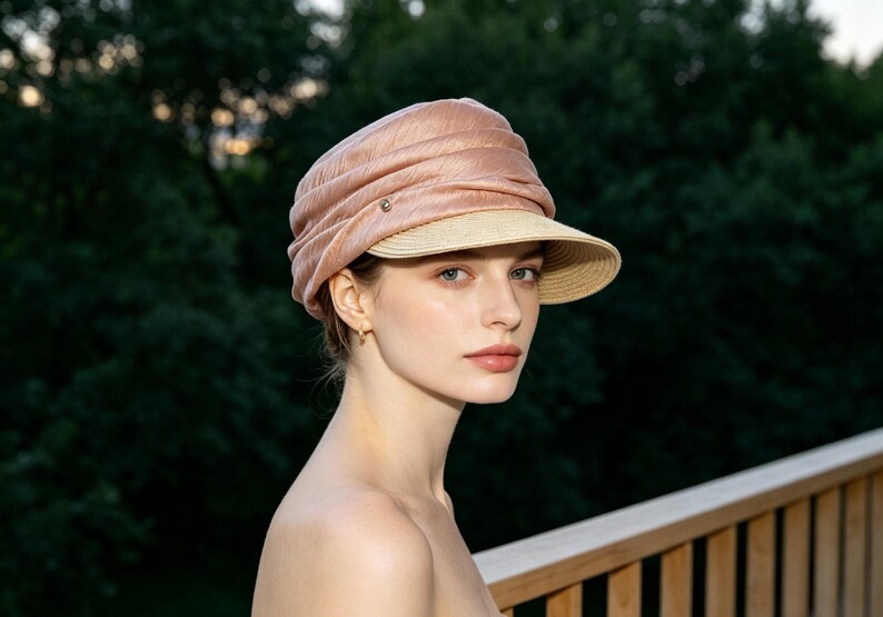 May include: A blush-colored hat with a structured, pleated crown and a beige brim. The hat features a small, decorative element on the side. The hat is designed for sun protection and fashion.