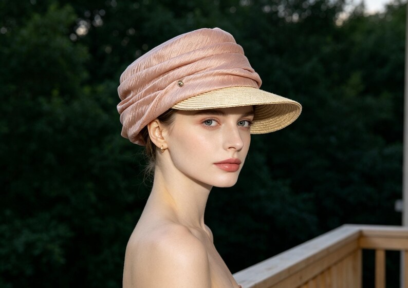 May include: A blush-colored hat with a woven brim and a gathered fabric crown. The hat features a small, gold-toned button detail. The hat is worn by a person with fair skin and blue eyes, against a backdrop of green foliage.