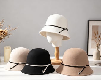 Kapelusz typu bucket hat z francuskiej wełny w stylu vintage dla kobiet | Elegancki kapelusz typu cloche z szerokim rondem w 4 kolorach | Formalny kapelusz wizytowy w stylu retro, wykonany w 100% z wełny, w szykownym paryskim stylu