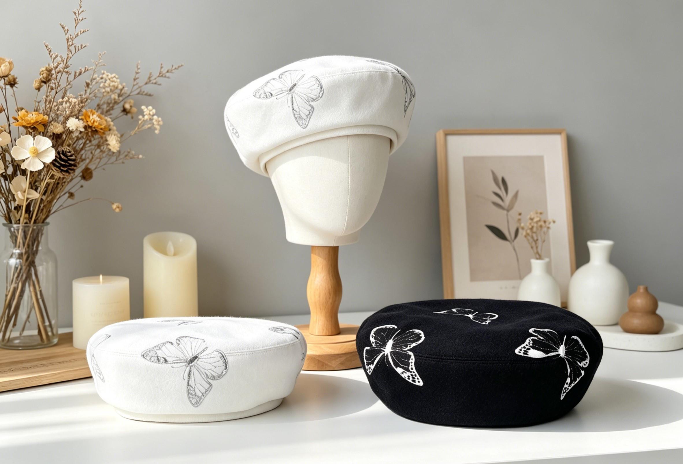 2171 Handmade Luky Fish Beret Vintage Artist Painter Hat Women Wool Cap Koi Koi Fish Embroidered Trucker Hat Foam Mesh Baseball Cap  main image 4