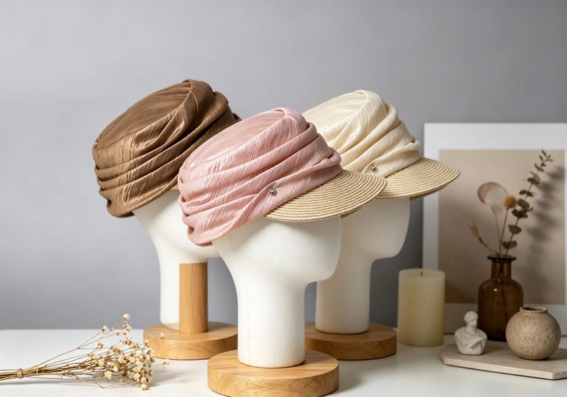 May include: Three hats on mannequin heads. The hats are in shades of gold, pink, and cream, each with a pleated fabric crown and a straw brim. The hats are displayed on wooden stands, with a neutral background.