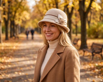 100% Vintage Wool Cloche Hat for Women | Short Brim Round Crown | Handmade Felt Bucket Hat