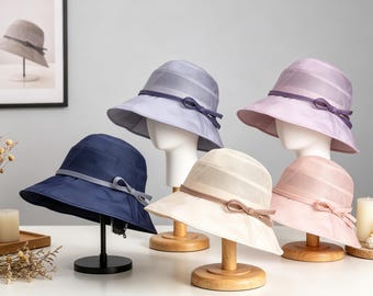 Kapelusz typu bucket w stylu francuskim z jedwabiu, elegancki kapelusz przeciwsłoneczny z kokardą i filtrem UV, szeroki kapelusz z jedwabiu morwowego dla kobiet, nakrycie głowy na podróż wiosną i latem