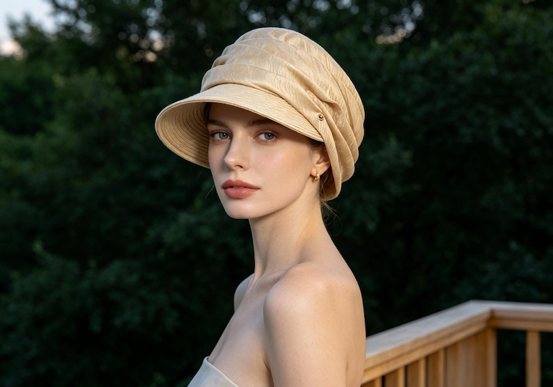May include: A beige sun hat with a rounded crown and a short brim. The hat is made of a textured fabric and has a decorative element on the side. The hat is worn by a person with fair skin and light eyes.