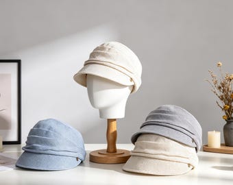 Plisowana lniana czapka gazeciarza dla kobiet, minimalistyczny, oddychający, letni kapelusz przeciwsłoneczny, beret z krótkim rondem wyszczuplający twarz, 4 neutralne kolory