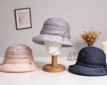 Kapelusz typu bucket wykonany w 100% z jedwabiu morwowego, elegancki kapelusz przeciwsłoneczny dla kobiet, oddychający, z ochroną UV, lekki kapelusz letni, składany, swobodny kapelusz z szerokim rondem