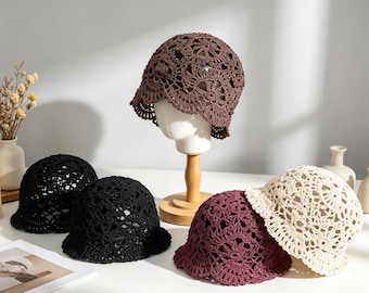 Ręcznie szydełkowany lniany kapelusz typu bucket, ażurowa koronkowa czapka dzianinowa, kwiatowy kapelusz przeciwsłoneczny szydełkowy, boho pusta dzianinowa czapka, 5 kolorów