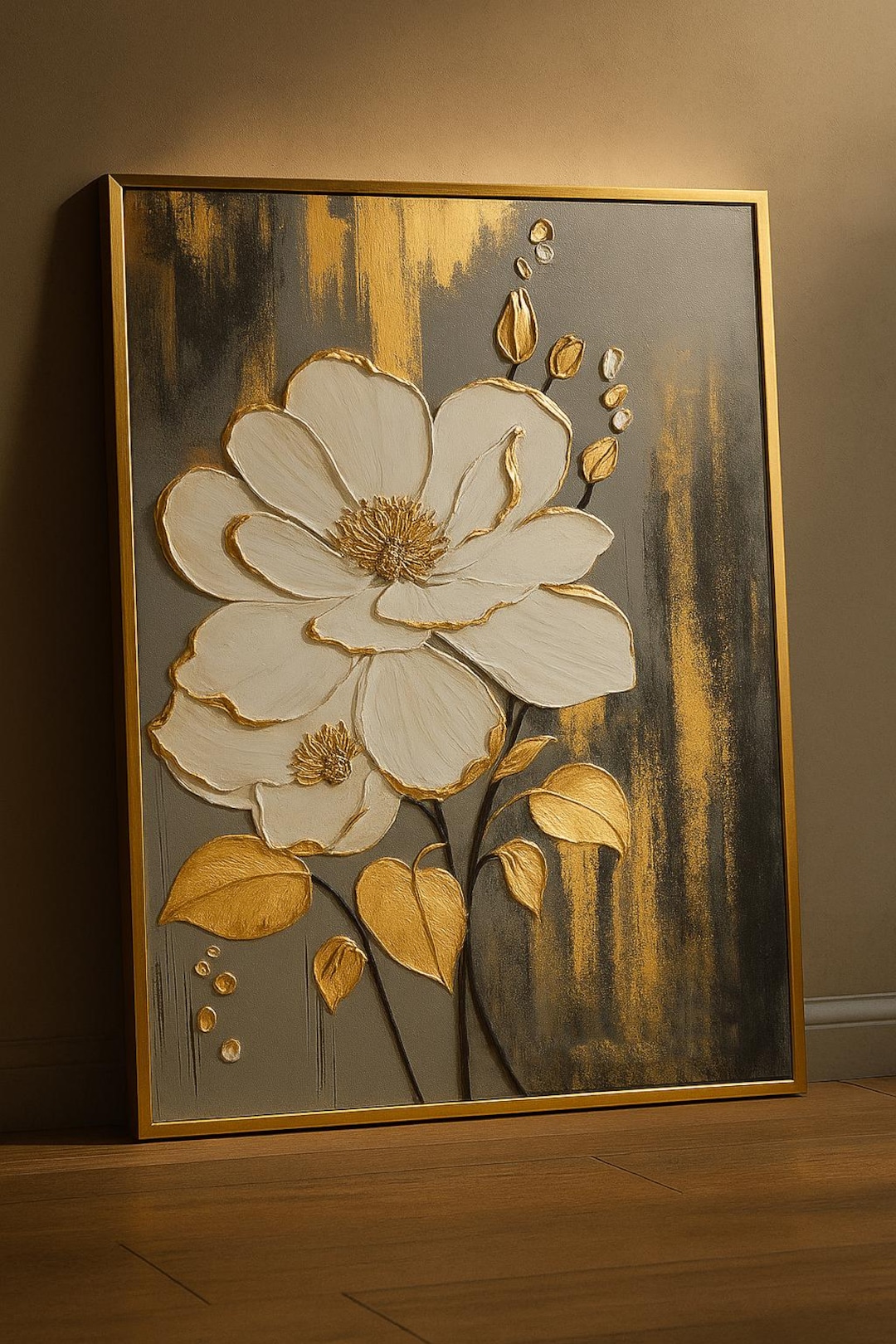 Textured Floral Wall Art: Gold and White Flowers - 3D Canvas - Etsy