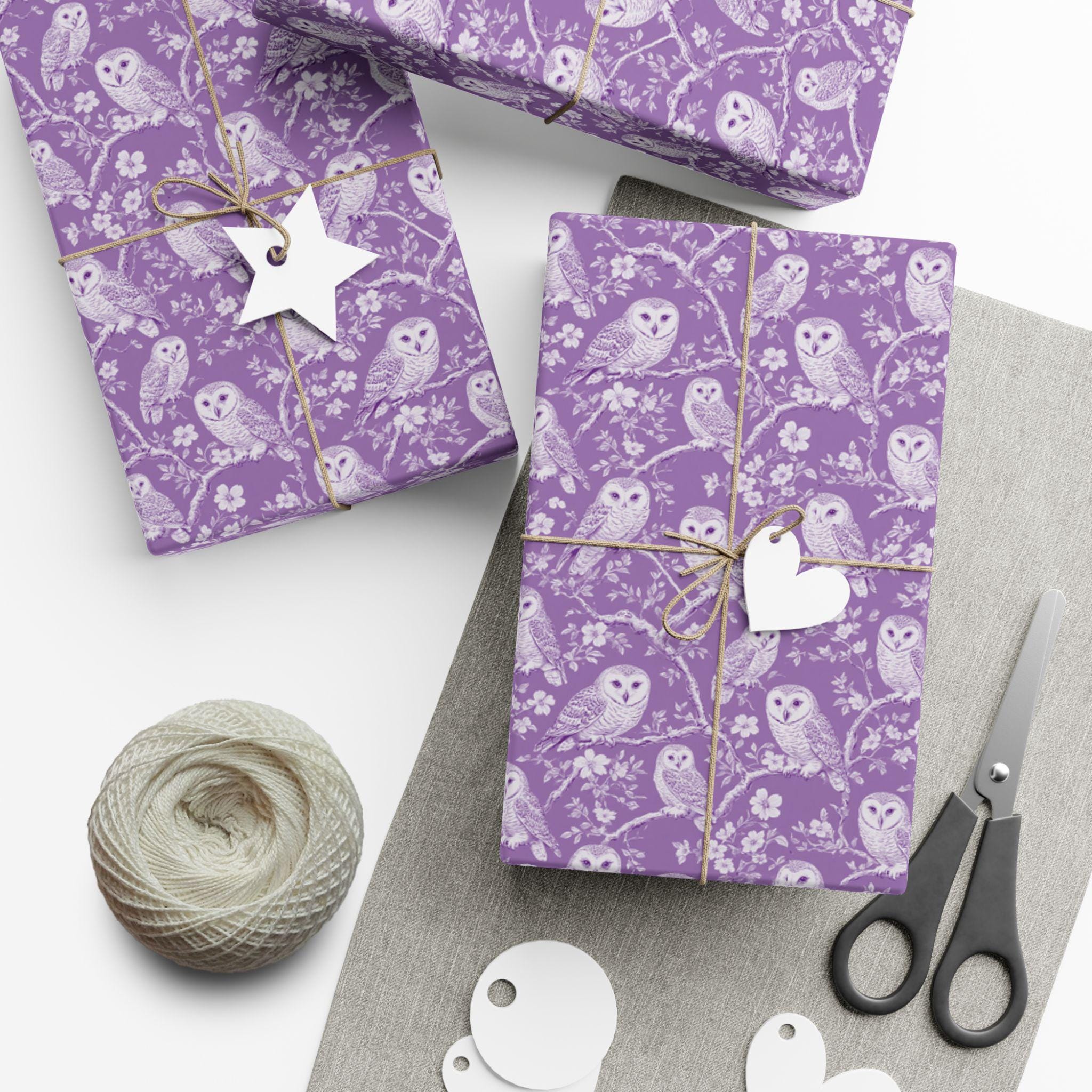 White Barn Owl Pattern Gift Wrap, Purple Floral Owl Wrapping Paper Sheets