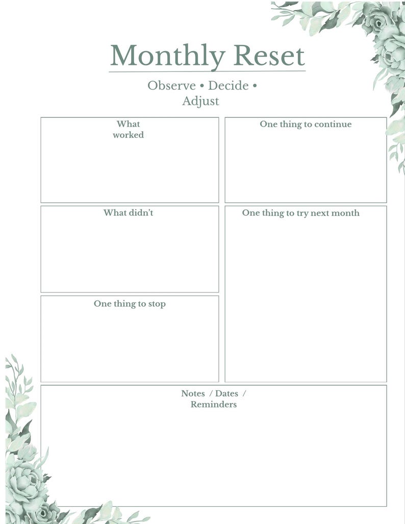 Monthly Reset Printable | Minimalist Toile Planner Page | End of Month ...