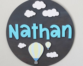 18" Hot Air Balloon Round Wood Baby Name Sign, Personalized Xmas Gift, Nursery Decor, Kids Room Decor, Nursery Name Plaque, Babyshower Gift