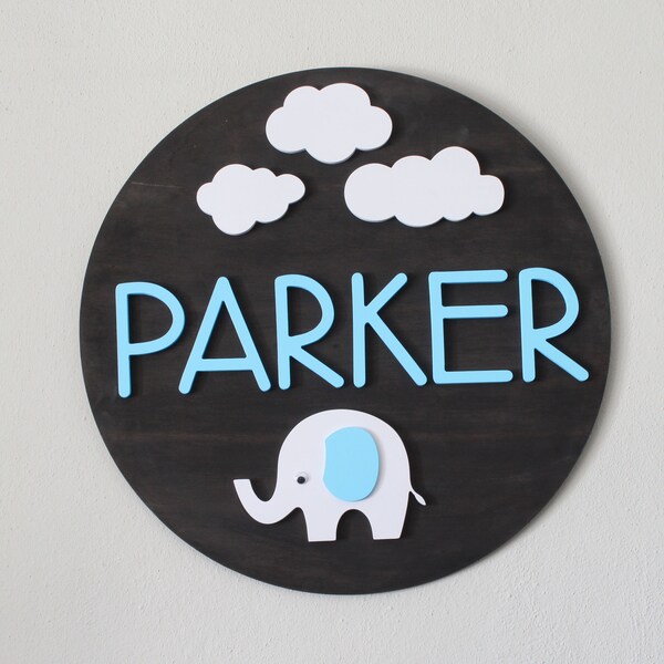 12" Round Cute Elephant Wooden Name Sign, Nursery Decor, Kids Bedroom Wall Hanging, Baby Shower Gift, Personalised Christmas Gift