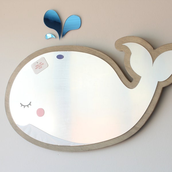 Wooden Whale Shaped Shatterproof Kids Mirror,  Personalized Gift, Whale Decor, Nautical Nursery Wall Decor, Ocean Kids Room Decor, Xmas Gift
