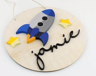 Outer Space Themed Round Wooden Name Sign, Personalized Gift, Space Themed Decor, Boys Room Decor, Nursery Door Sign, Space Nursery Decor